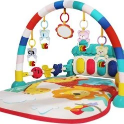 Buxibo - Baby Gym Safari Dieren - Speelkleed Met Speeltjes En Piano - Speelmat Met 4 Speeldieren & Spiegel - Interactief - Met Boog - Multikleur -Babygyms || hobbelfiguren || vormenstoven Winkel 550x446