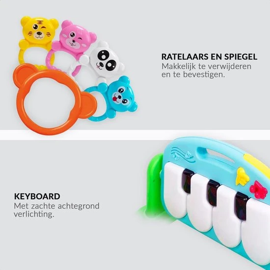 Buxibo 3-in-1 Baby/Peuter Gym - Piano Speelmat Voor Baby's - Muziek Speelkleed Met Ratelaar En Spiegel- Groen 3 Buxibo 3-in-1 Baby/Peuter Gym - Piano Speelmat Voor Baby's - Muziek Speelkleed Met Ratelaar En Spiegel- Groen - Afbeelding 3