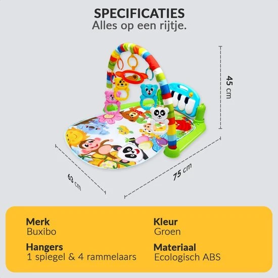Buxibo 3-in-1 Baby/Peuter Gym - Piano Speelmat Voor Baby's - Muziek Speelkleed Met Ratelaar En Spiegel- Groen 7 Buxibo 3-in-1 Baby/Peuter Gym - Piano Speelmat Voor Baby's - Muziek Speelkleed Met Ratelaar En Spiegel- Groen - Afbeelding 7