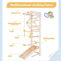 YJZQ Peuterspeelset Binnenspeeltuin Jungle Gym Set- Hout 6-in-1 Multifunctionele Klimrekken/muurbeugels/Ladderklimmer/ Glijbaan/schommel/optrekgedeelte/ Ringen-Rotsklimmen Voor Kinderen Draagvermogen 50kg -Babygyms || hobbelfiguren || vormenstoven Winkel 550x550 67