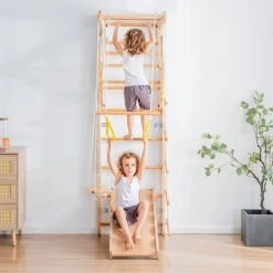YJZQ Peuterspeelset Binnenspeeltuin Jungle Gym Set- Hout 6-in-1 Multifunctionele Klimrekken/muurbeugels/Ladderklimmer/ Glijbaan/schommel/optrekgedeelte/ Ringen-Rotsklimmen Voor Kinderen Draagvermogen 50kg -Babygyms || hobbelfiguren || vormenstoven Winkel 550x550 71