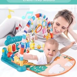 Buxibo - Baby Gym Safari Dieren - Speelkleed Met Speeltjes En Piano - Speelmat Met 4 Speeldieren & Spiegel - Interactief - Met Boog - Multikleur -Babygyms || hobbelfiguren || vormenstoven Winkel 550x674